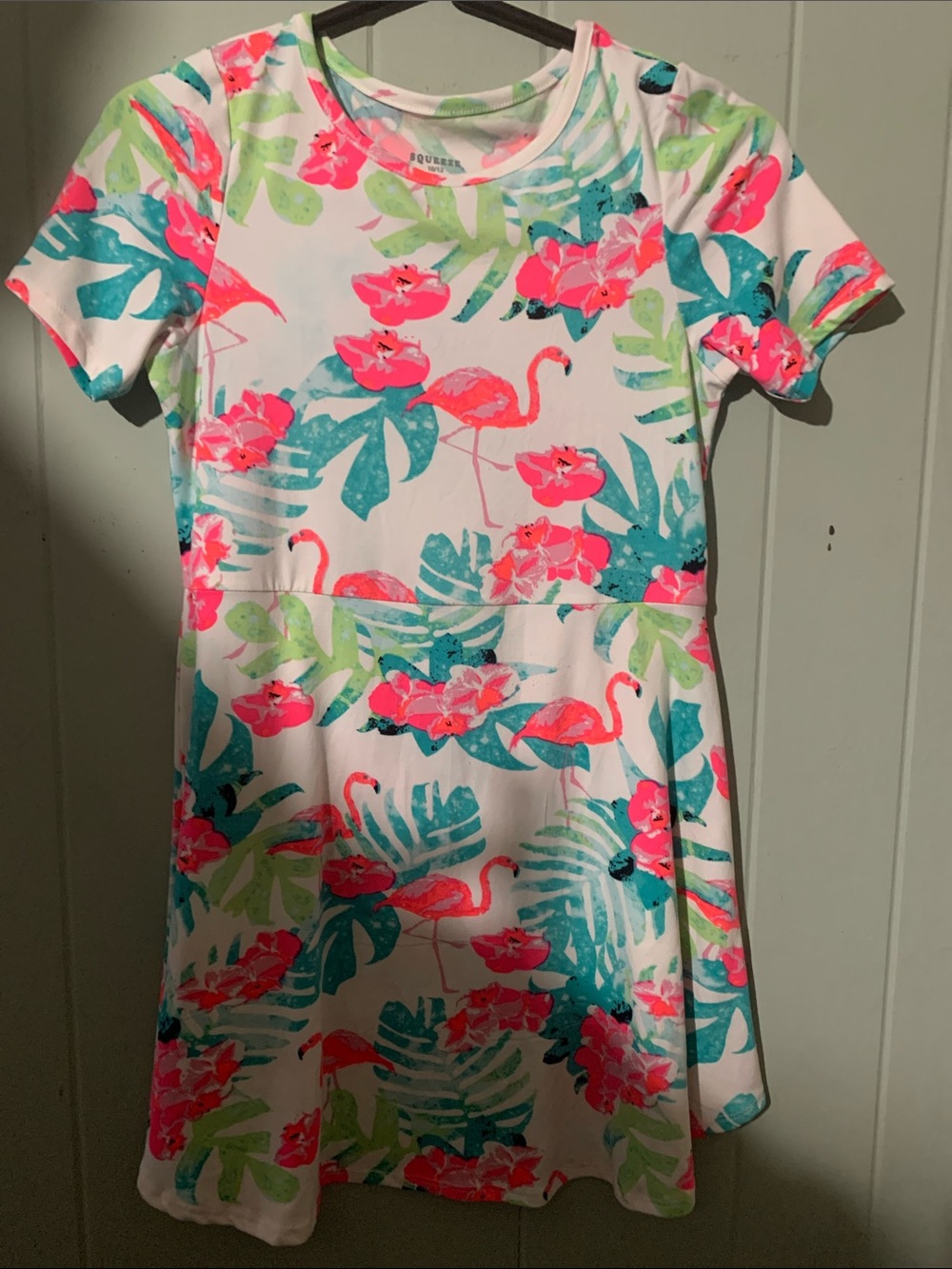 Squeeze White Dress with Pink Flamingo and Teal Tropical Leaves